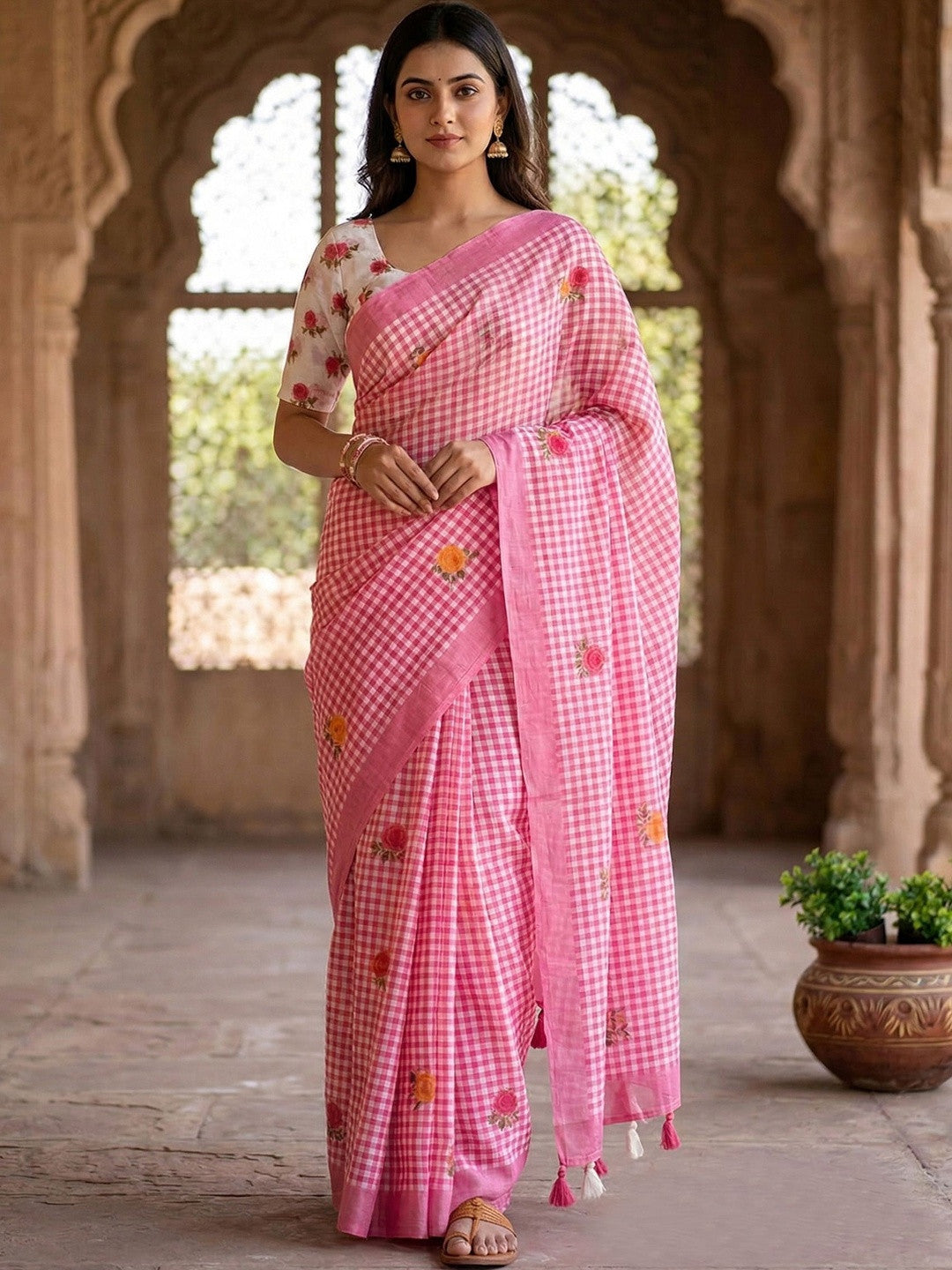 Pink and White Checkered Saree with Printed Blouse