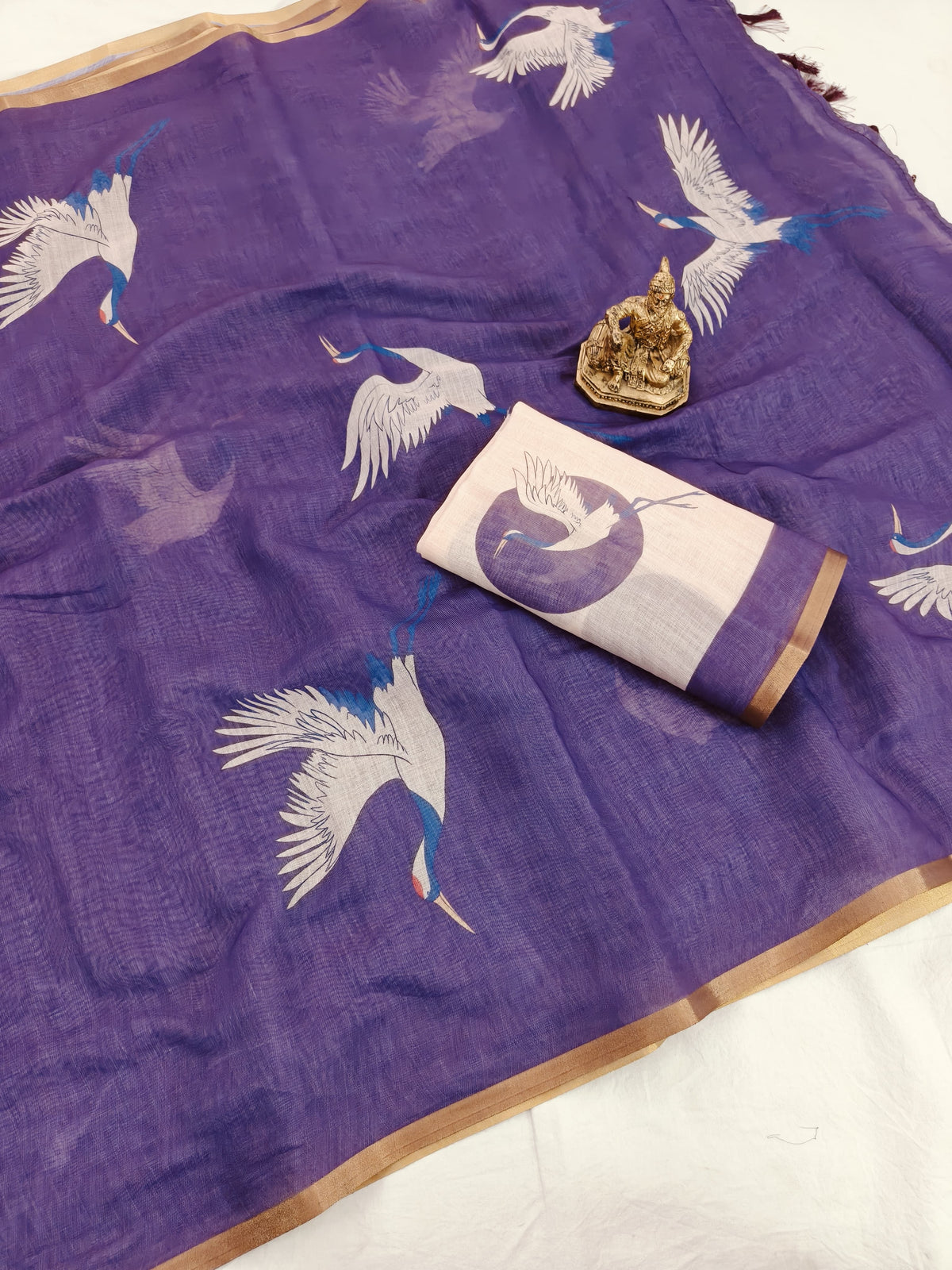 Elegant Purple Chanderi Cotton Saree with Crane Bird Print