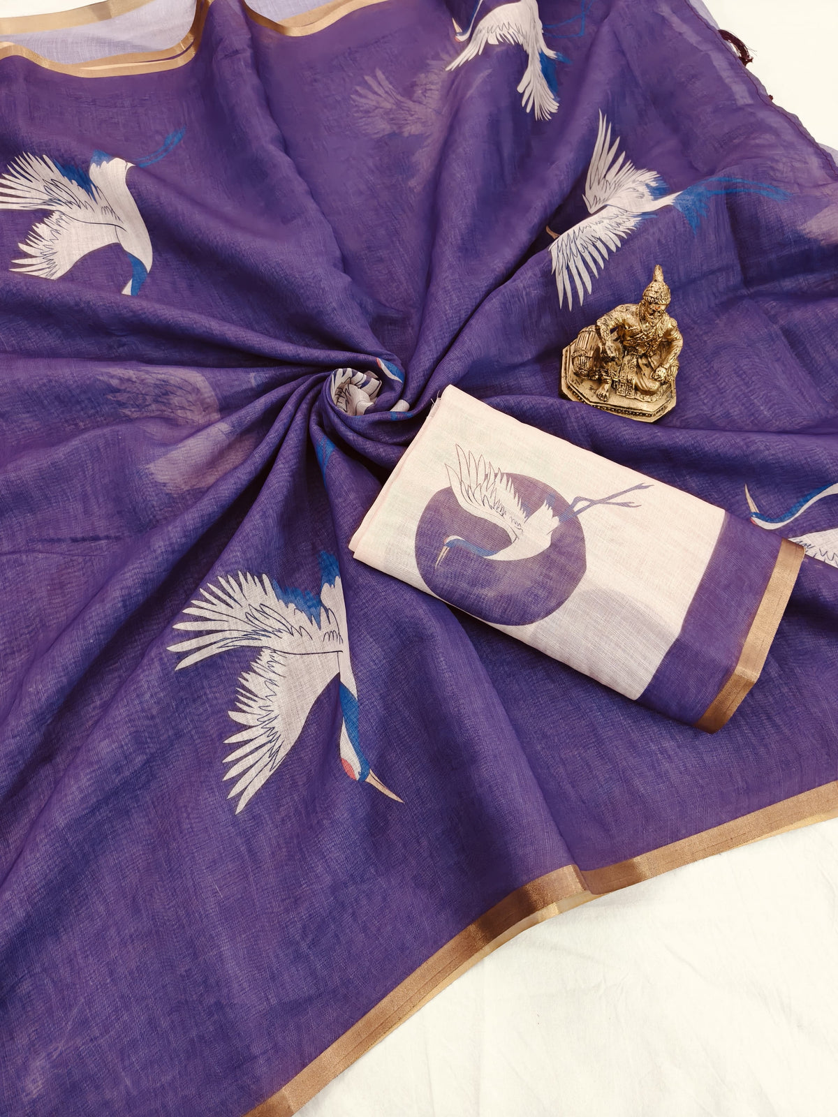 Elegant Purple Chanderi Cotton Saree with Crane Bird Print