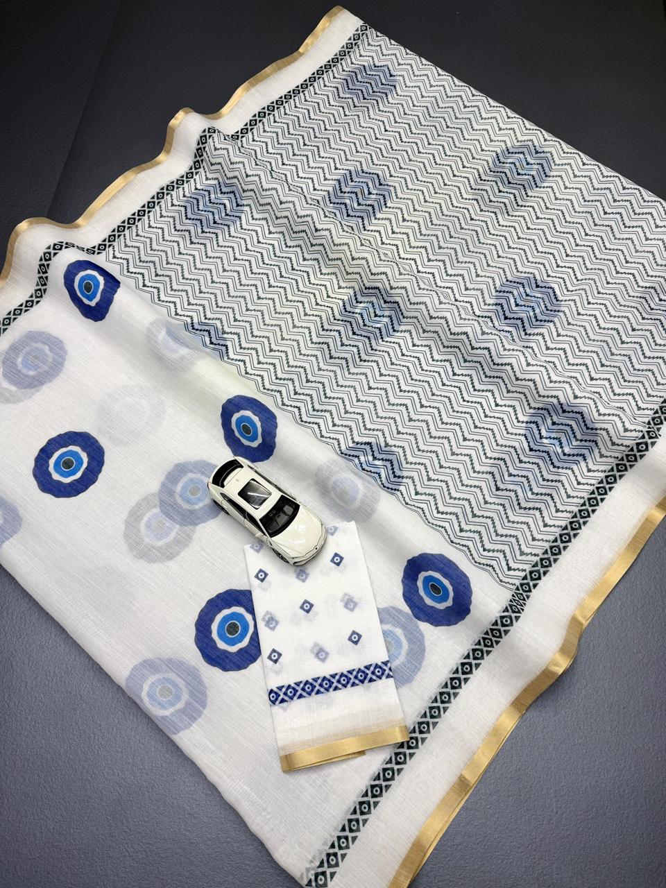 White And Blue Evil Eye Print Chanderi Cotton Saree