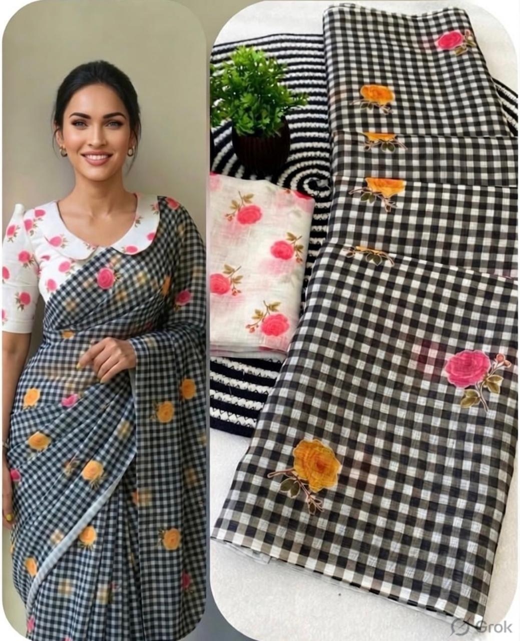 Black Checkered Saree with Floral Embroidery and Blouse