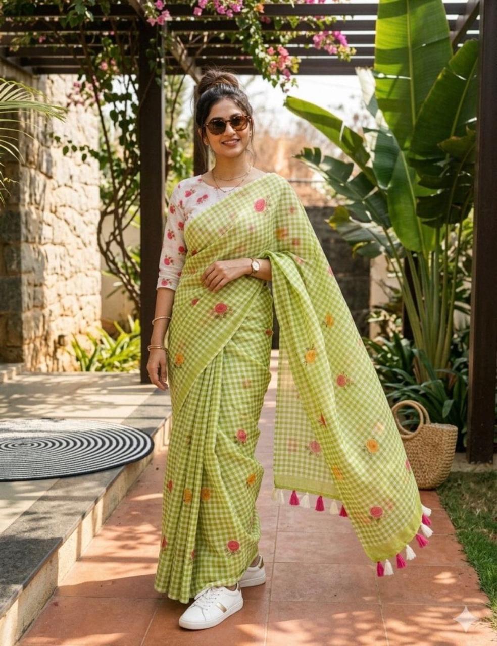 Green Checkered Saree with Floral Embroidery and Blouse