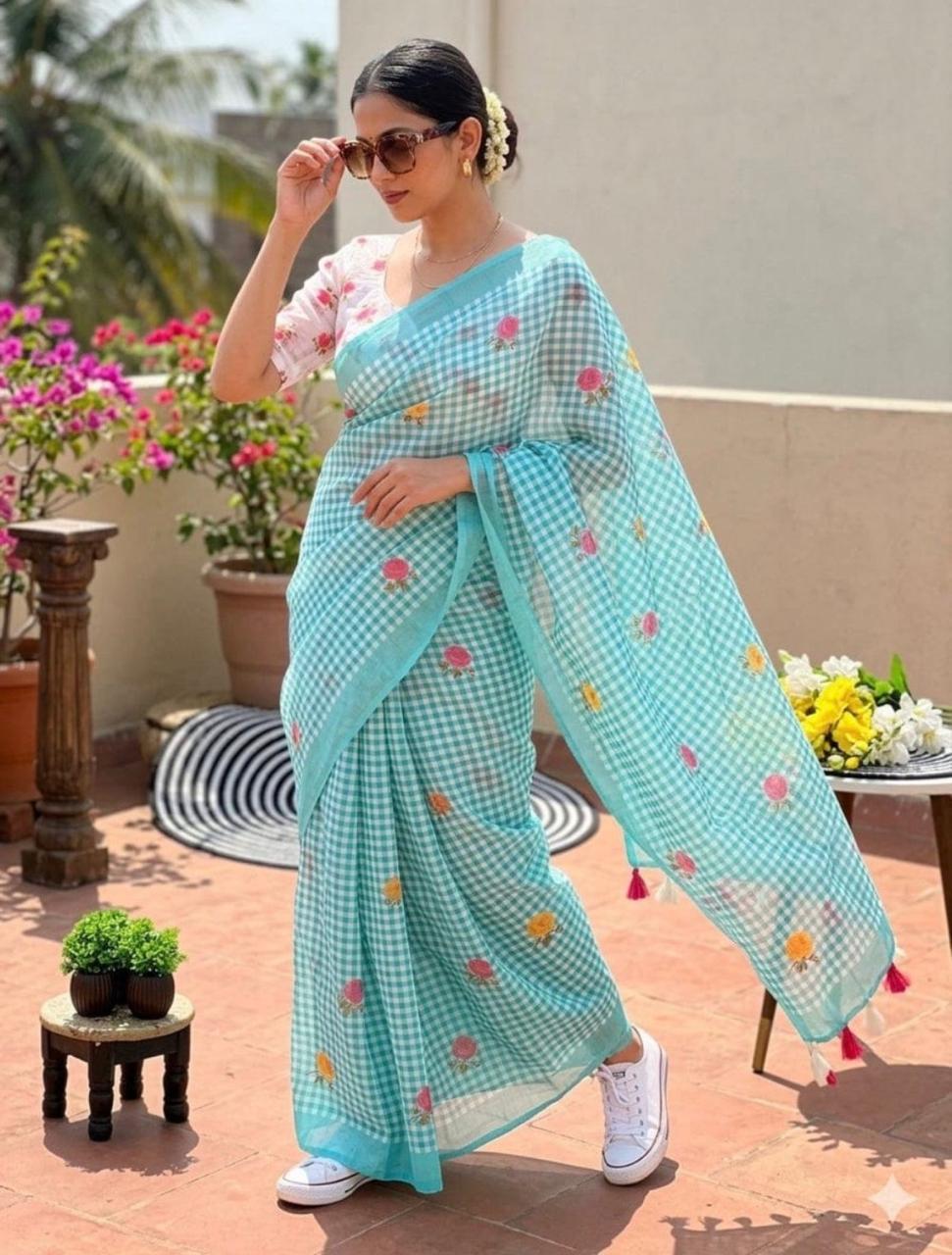 Blue Checkered Saree with Floral Embroidery and Blouse