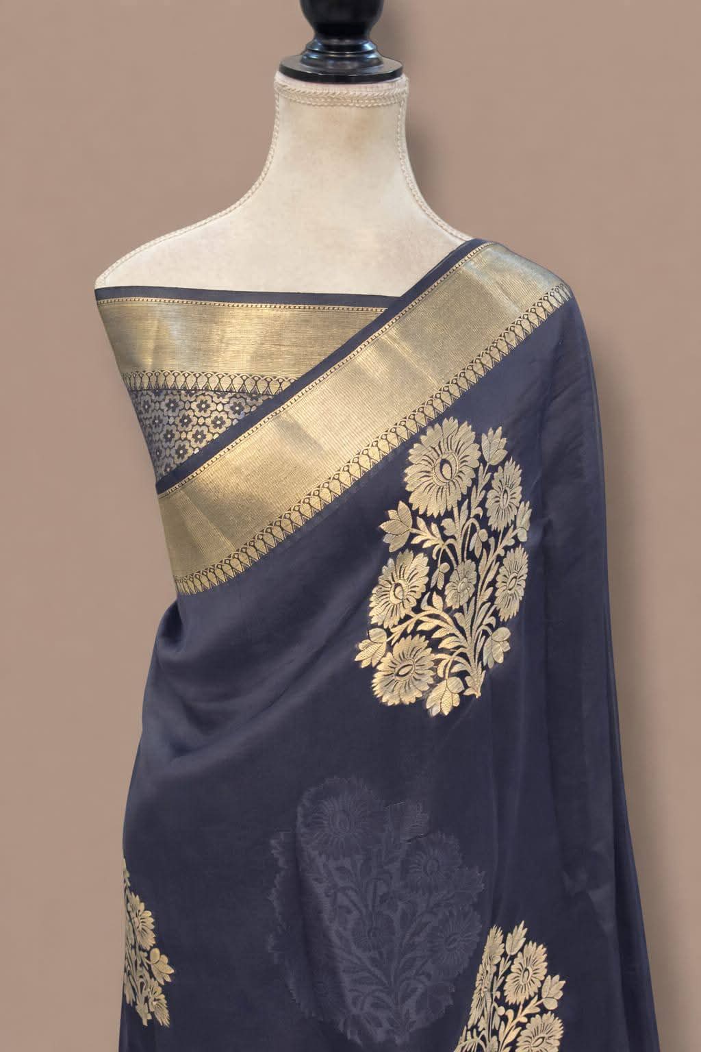 Dark Grey Gold Zari Silk Saree