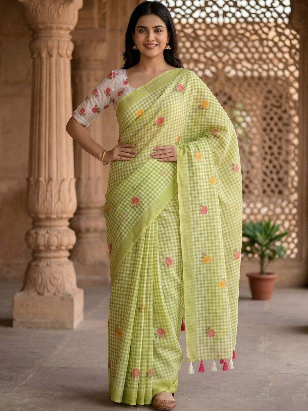 Green Checkered Saree with Floral Embroidery and Blouse