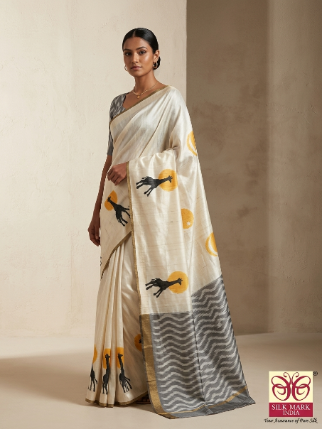 Off White Giraffe Motif Chanderi Cotton Saree