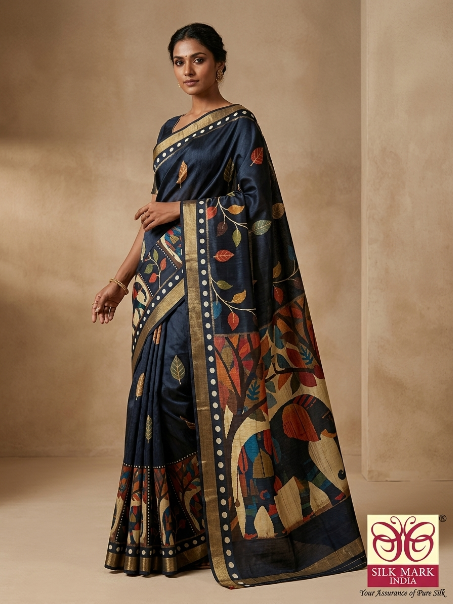 Deep Navy Blue Elephant Block Print Chanderi Cotton Saree