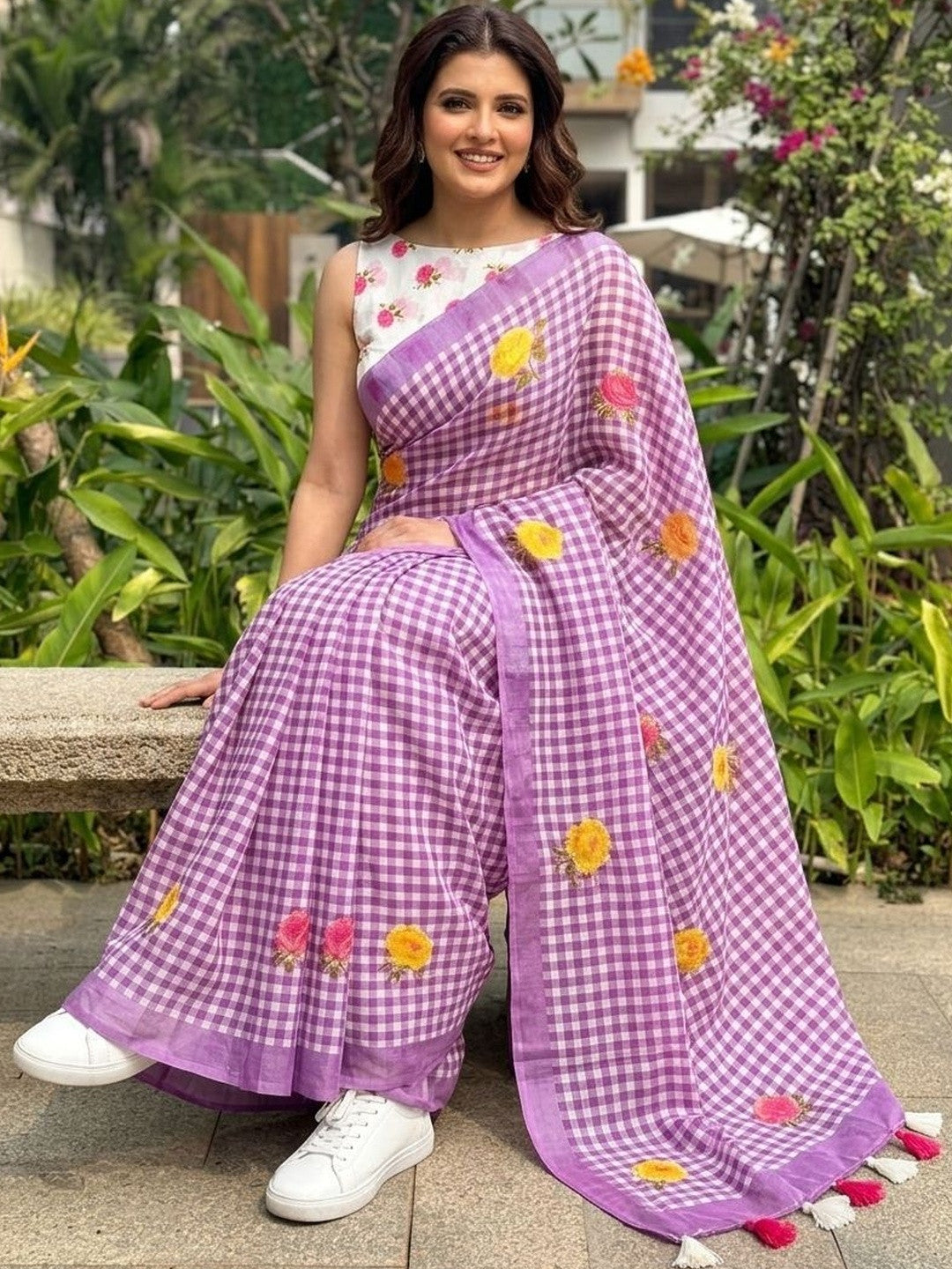 Lavender and White Checkered Saree with Printed Blouse