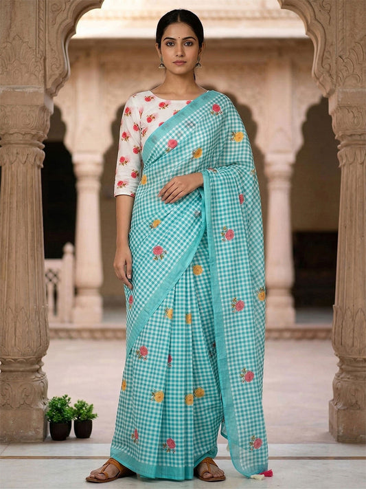 Blue Checkered Saree with Floral Embroidery and Blouse