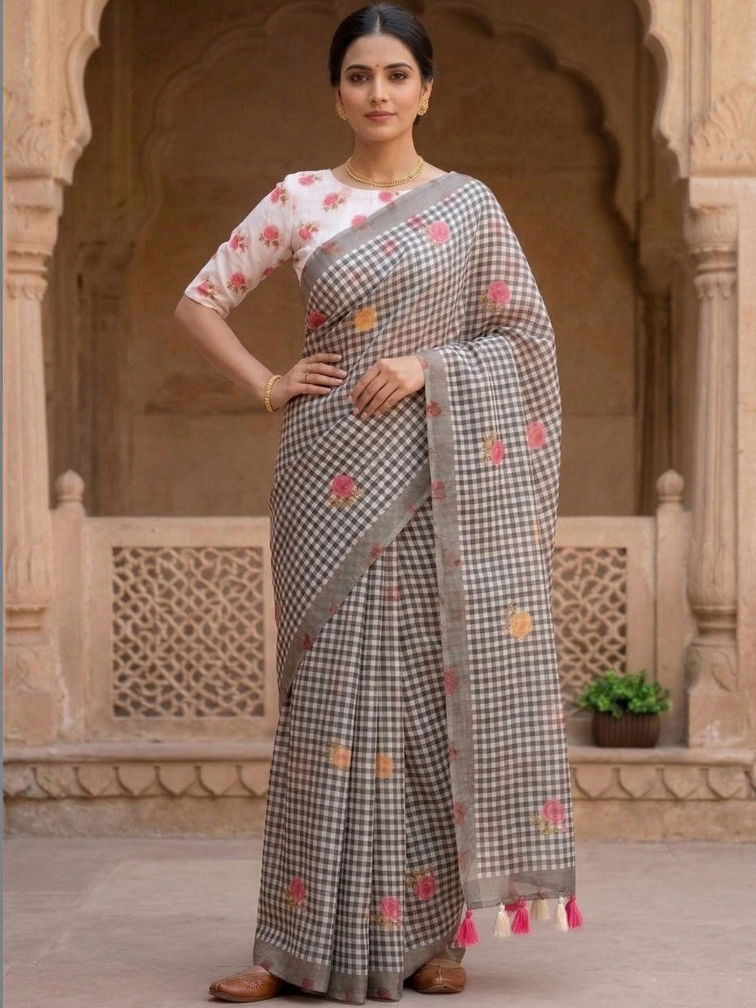 Black Checkered Saree with Floral Embroidery and Blouse
