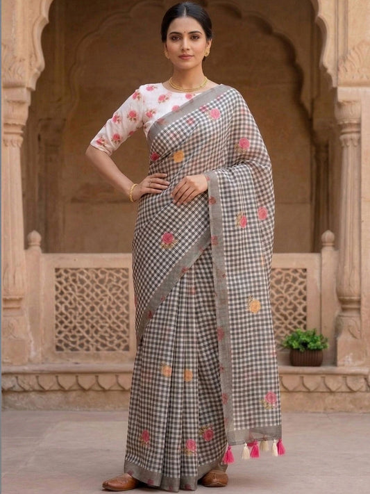 Black Checkered Saree with Floral Embroidery and Blouse
