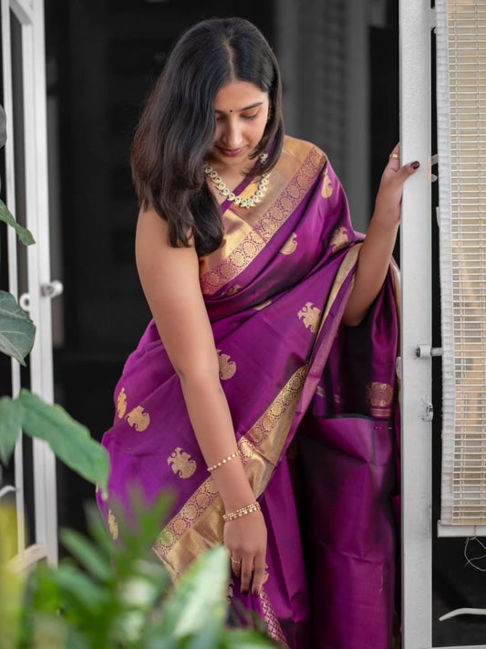 Purple Saree with Golden Peacock Motifs