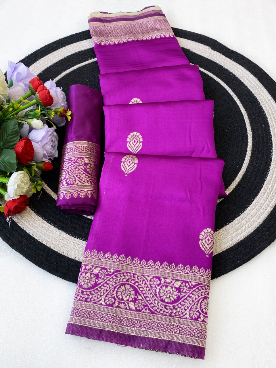 Purple Saree with Golden Peacock Motifs