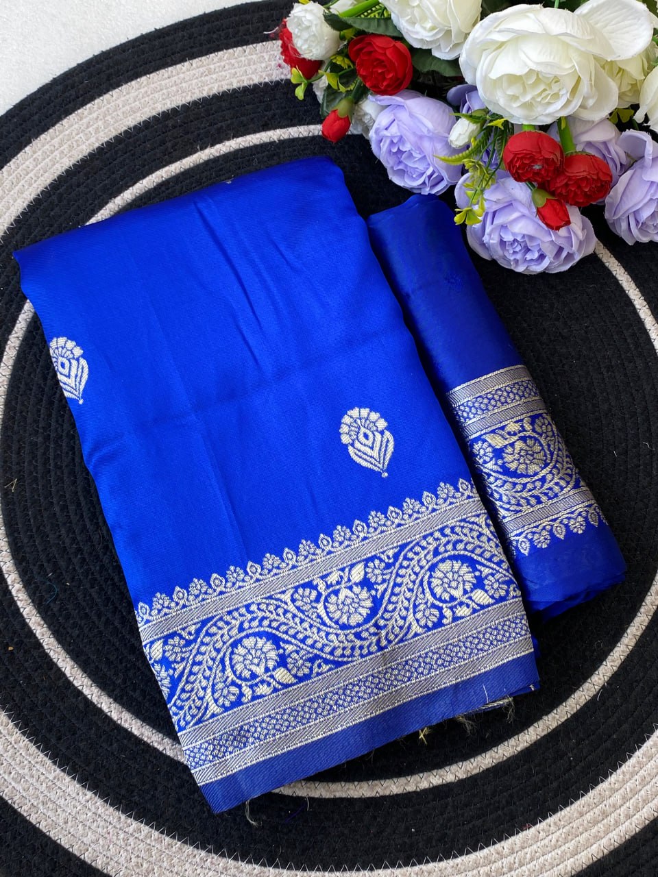 Royal Blue Saree with Silver Woven Border