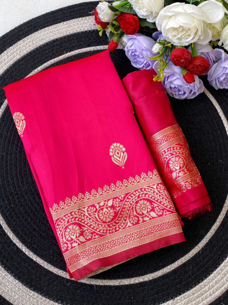 Rani Pink Saree with Golden Woven Border