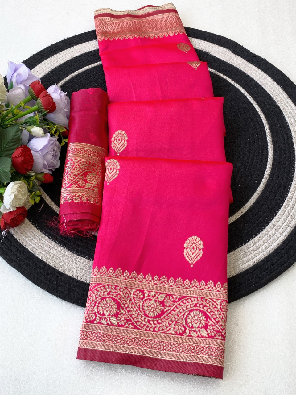 Rani Pink Saree with Golden Woven Border