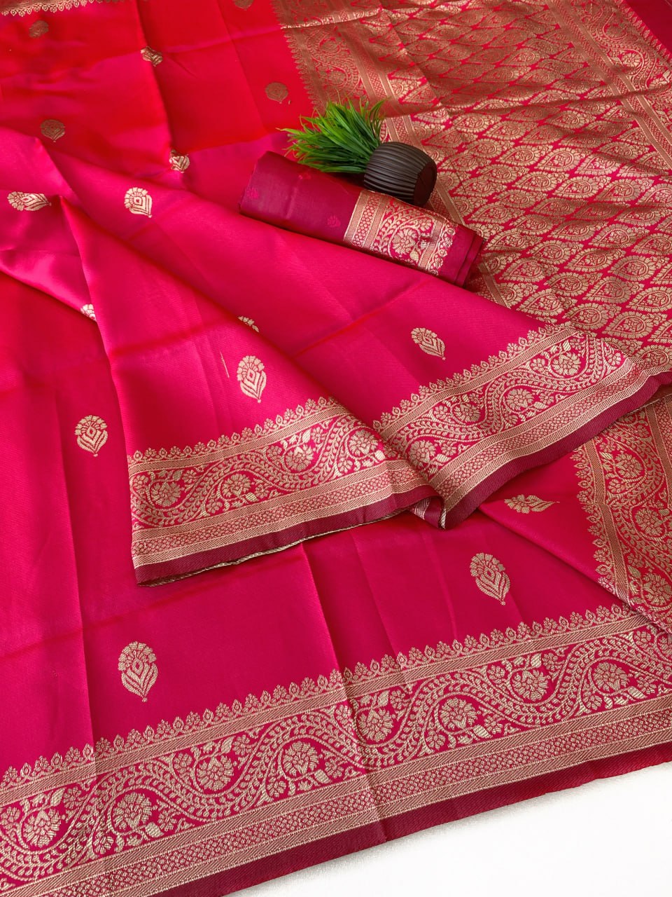 Rani Pink Saree with Golden Woven Border