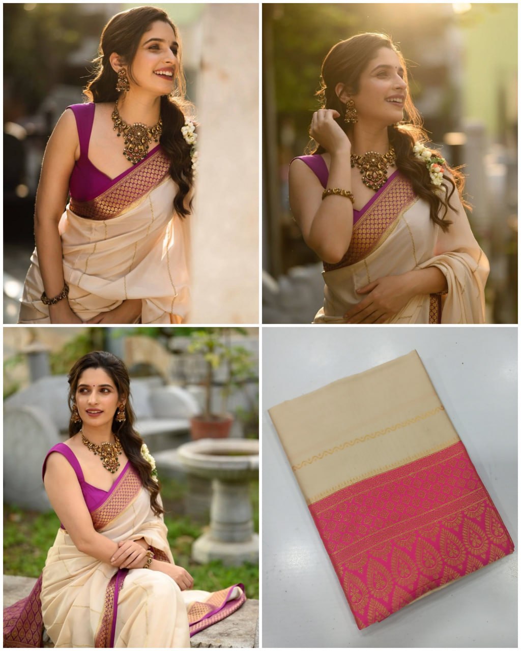 Cream Saree with Purple Gold Woven Border