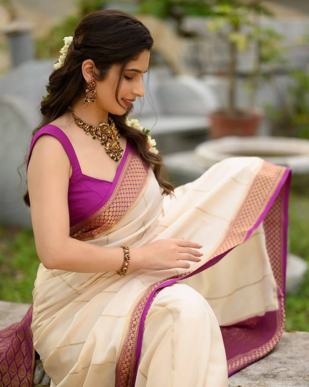 Cream Saree with Purple Gold Woven Border