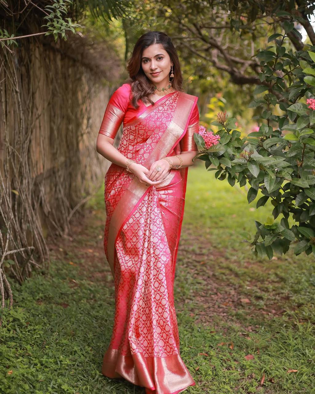 Red and Pink Gold Woven Traditional Saree