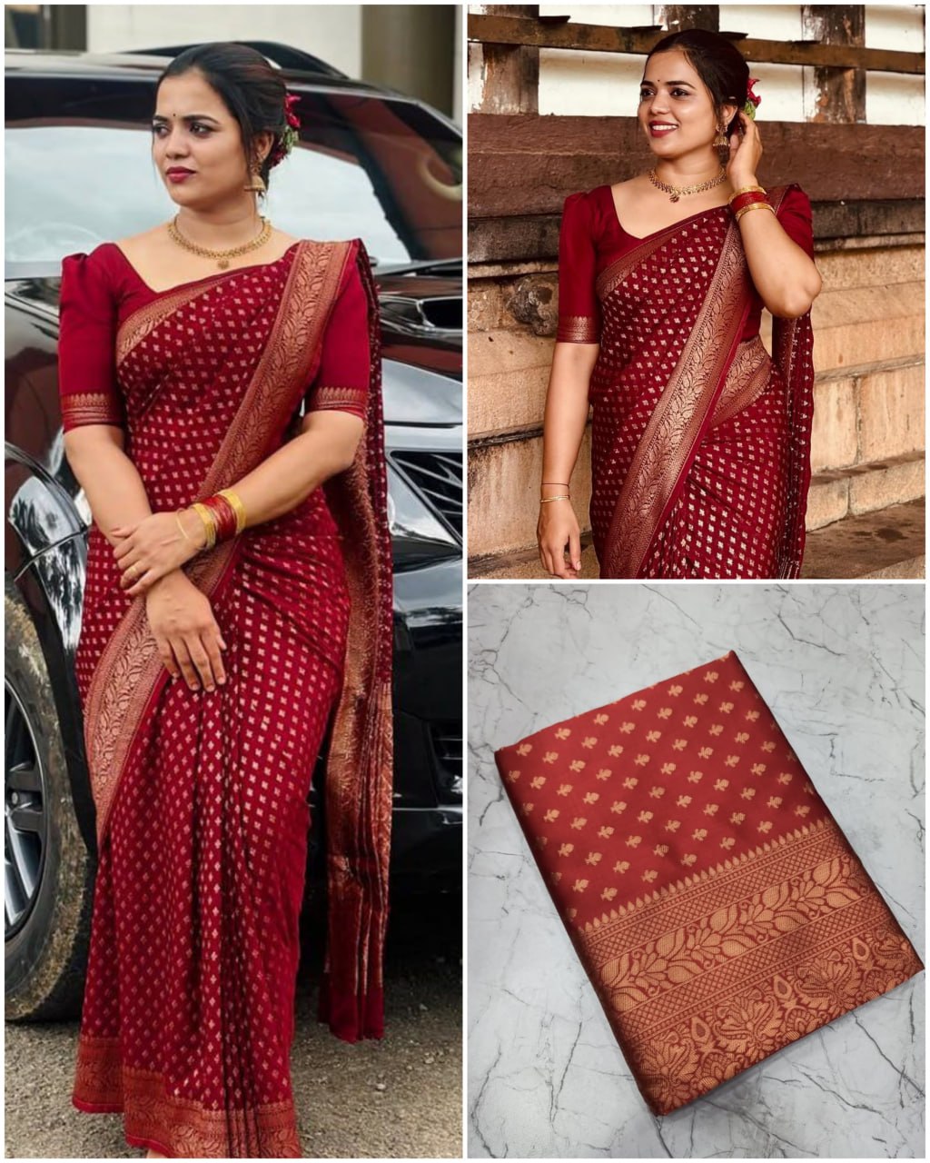 Deep Red Saree with Gold Woven Floral Border