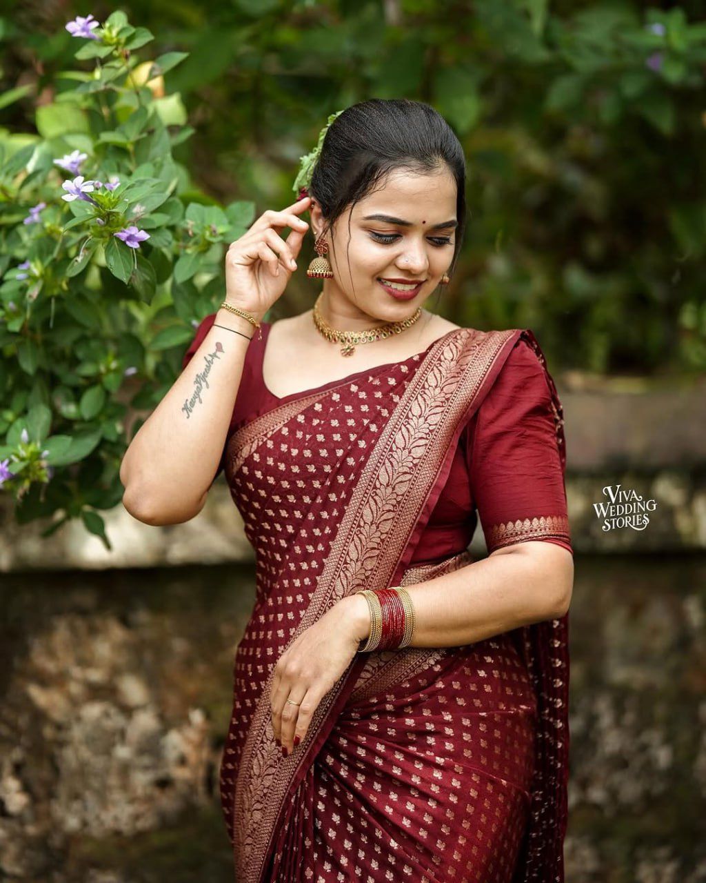 Deep Red Saree with Gold Woven Floral Border