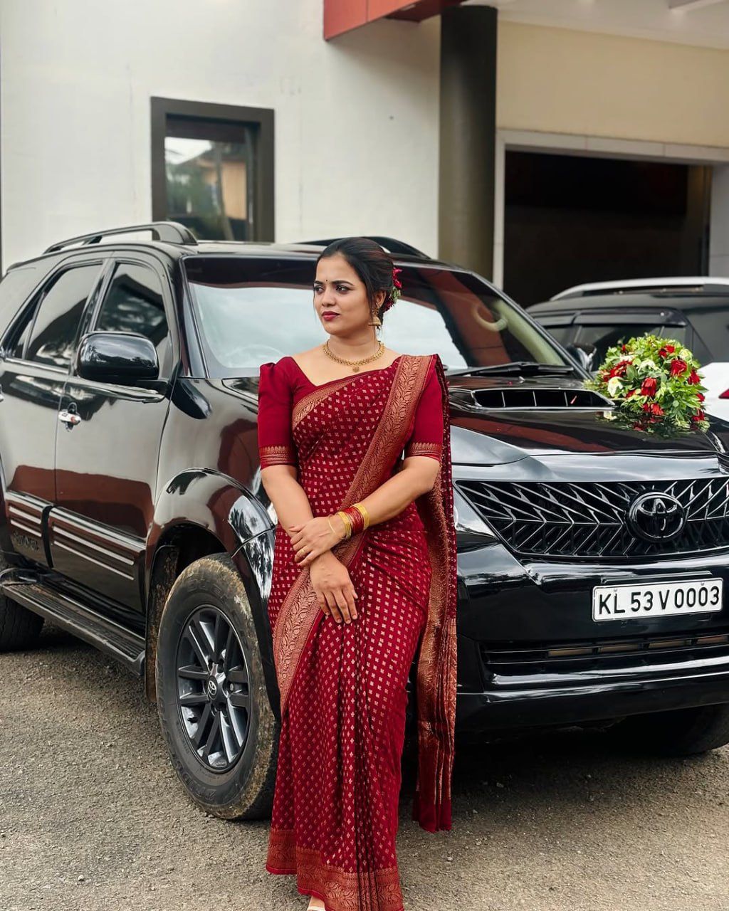 Deep Red Saree with Gold Woven Floral Border