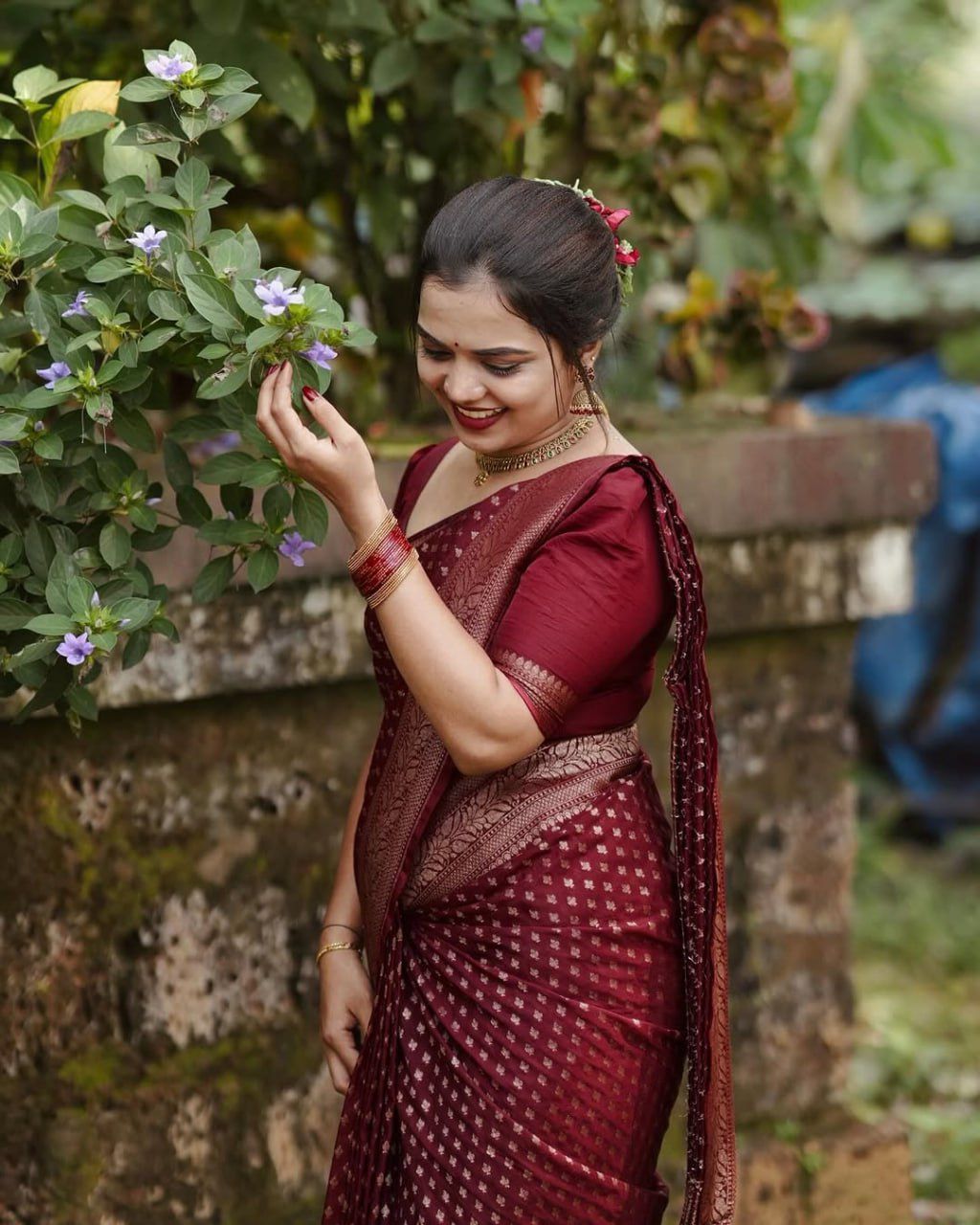 Deep Red Saree with Gold Woven Floral Border