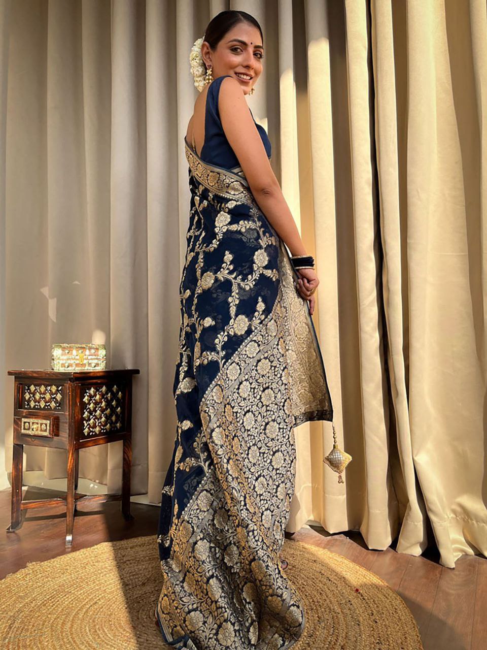 Navy Blue Floral Woven Saree with Gold Zari