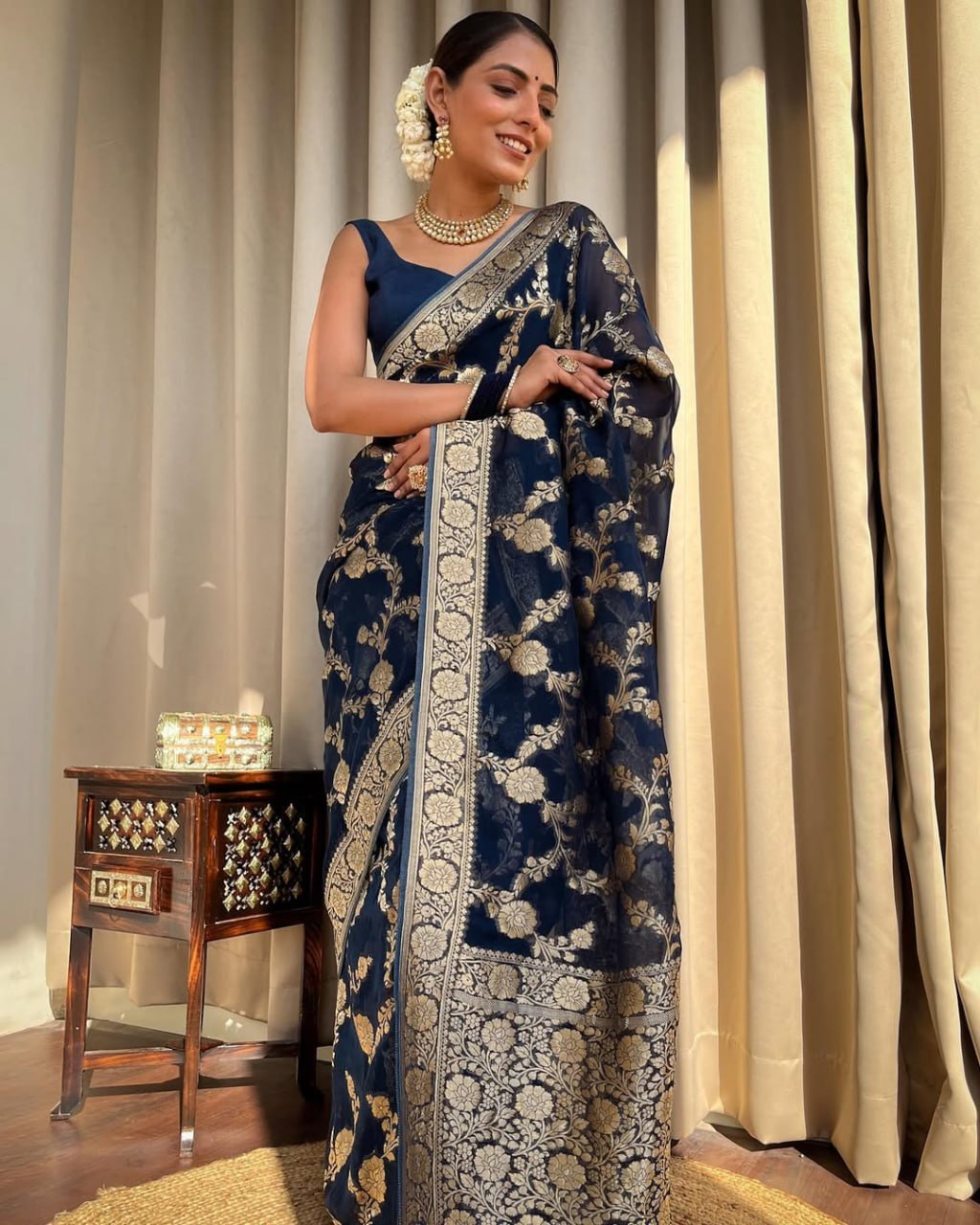 Navy Blue Floral Woven Saree with Gold Zari