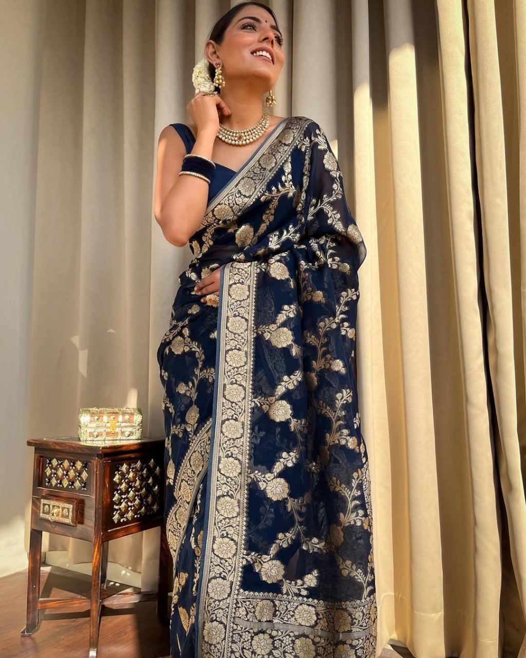 Navy Blue Floral Woven Saree with Gold Zari