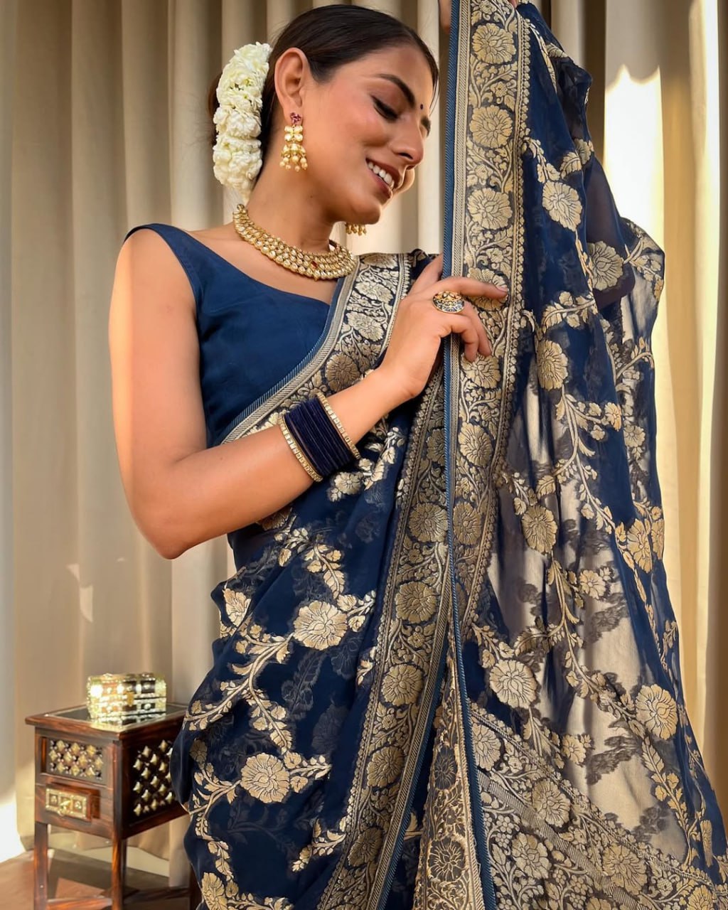 Navy Blue Floral Woven Saree with Gold Zari