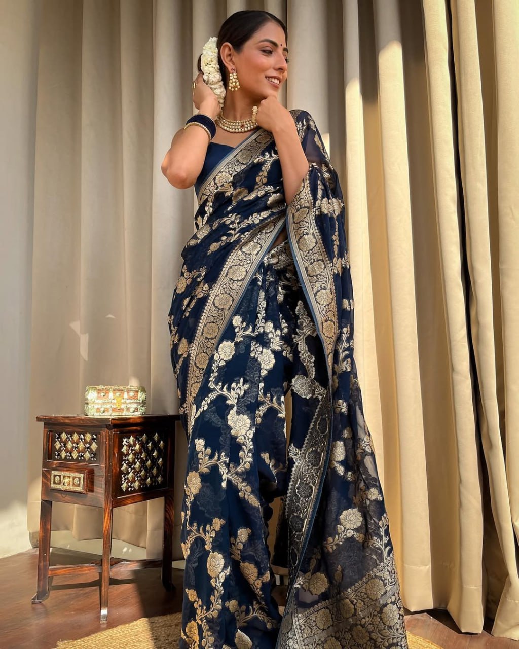 Navy Blue Floral Woven Saree with Gold Zari