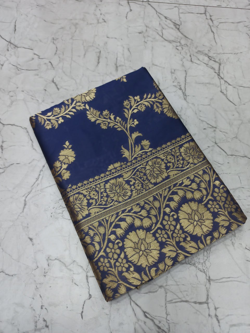 Navy Blue Floral Woven Saree with Gold Zari