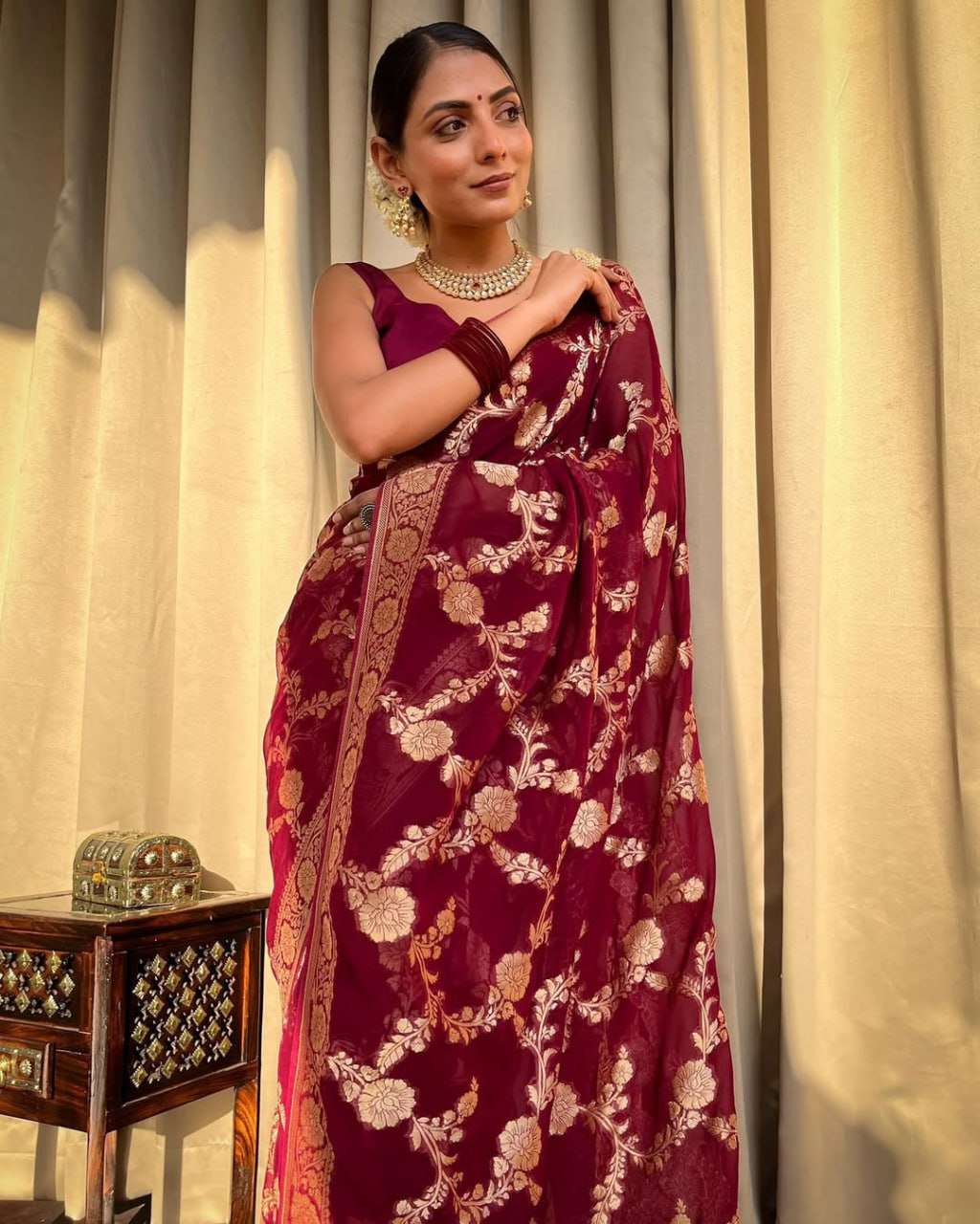 Wine Maroon Floral Woven Saree with Gold Detailing
