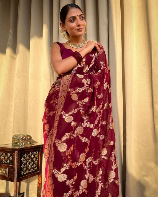 Wine Maroon Floral Woven Saree with Gold Detailing