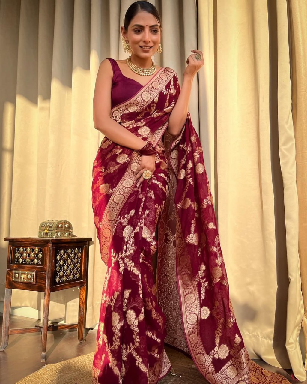 Wine Maroon Floral Woven Saree with Gold Detailing