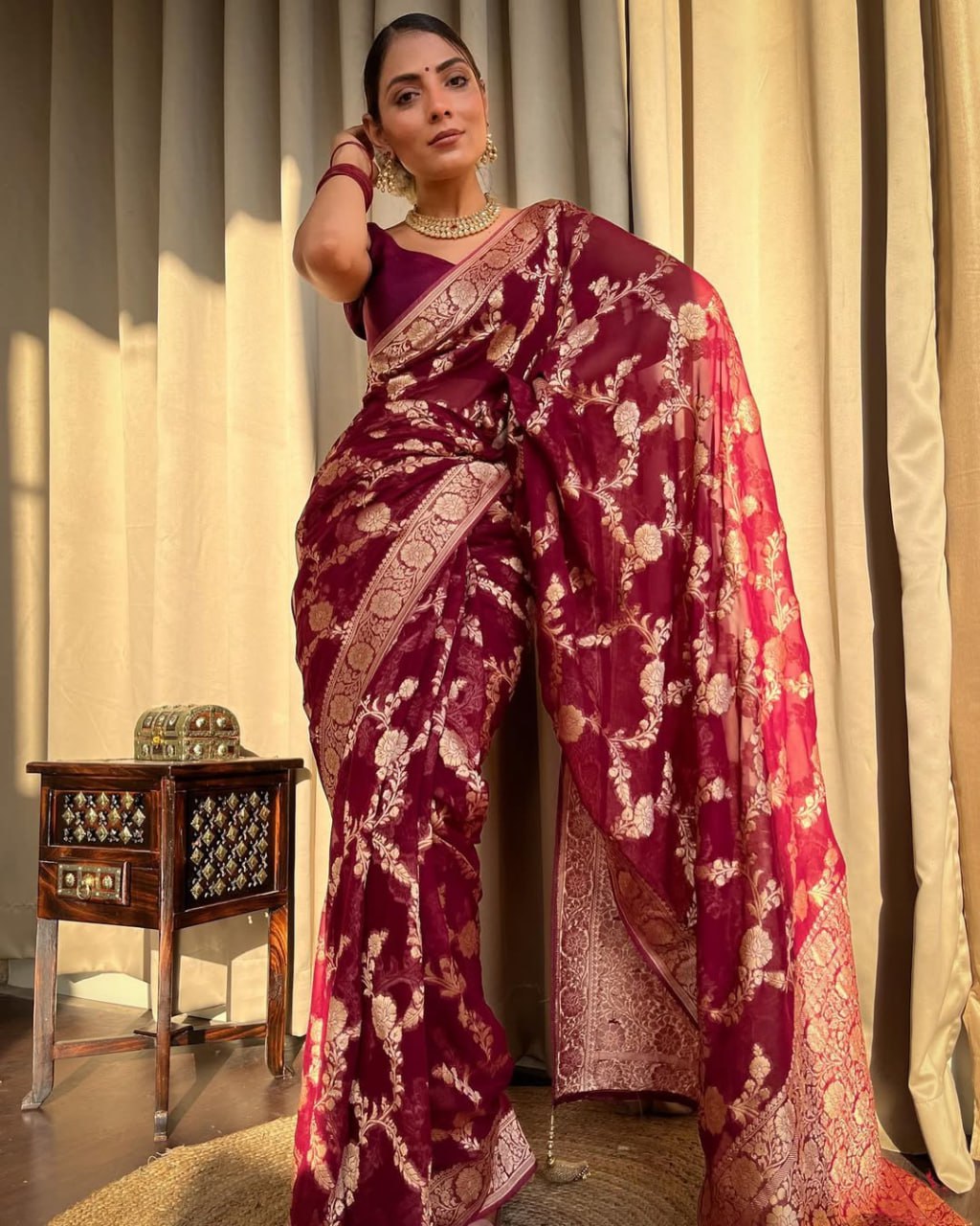 Wine Maroon Floral Woven Saree with Gold Detailing