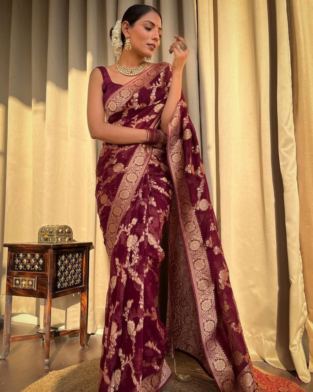 Wine Maroon Floral Woven Saree with Gold Detailing