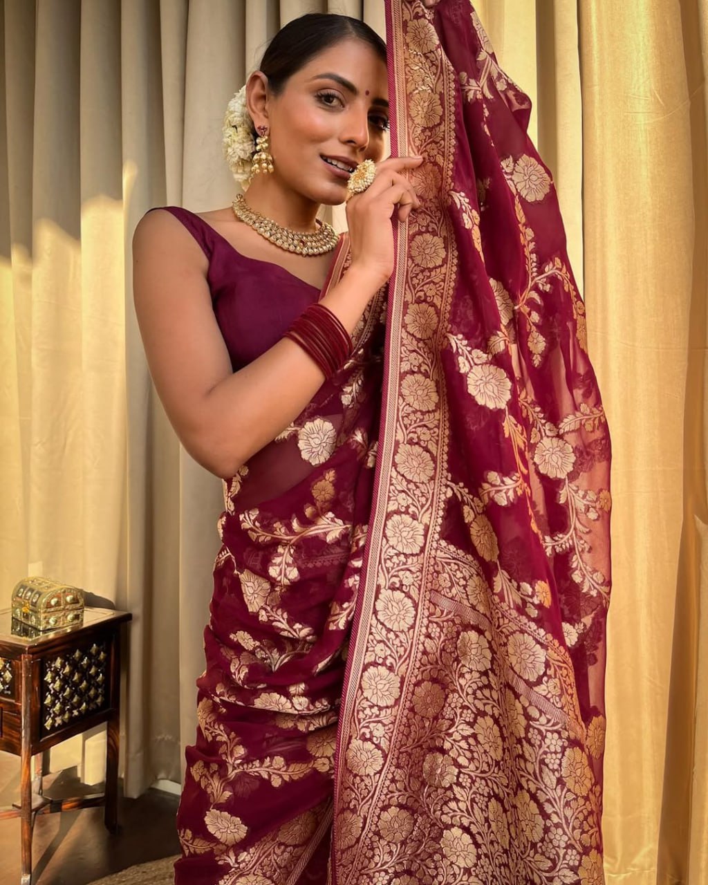 Wine Maroon Floral Woven Saree with Gold Detailing