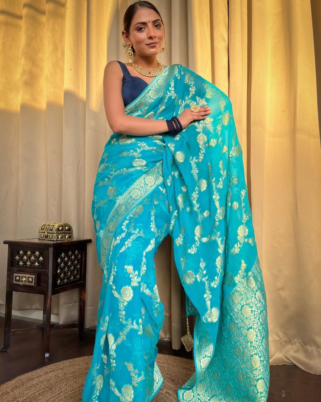 Turquoise Blue Floral Woven Saree with Gold Zari Work