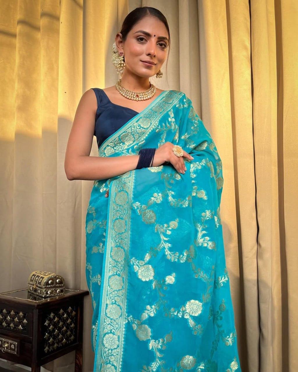 Turquoise Blue Floral Woven Saree with Gold Zari Work