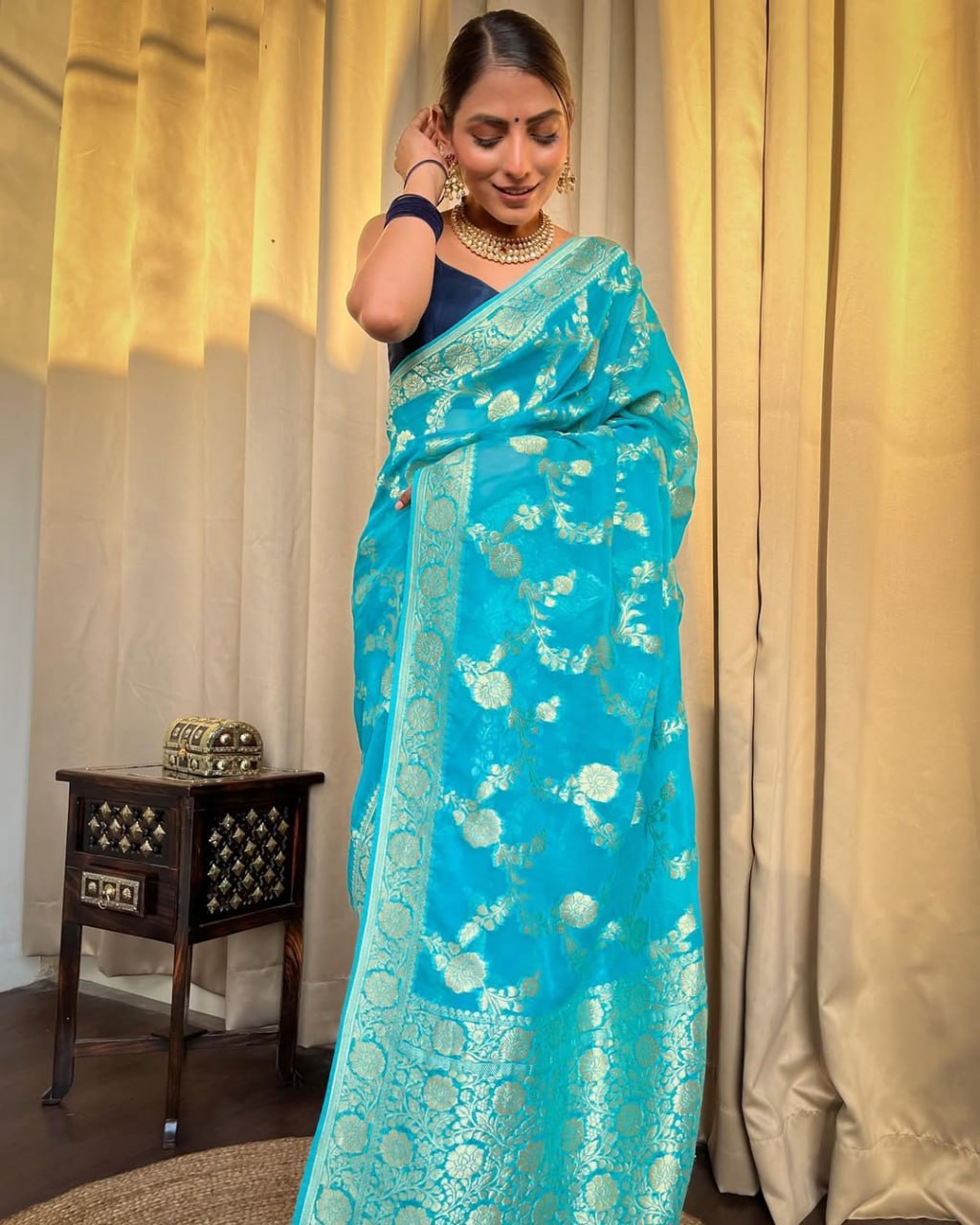 Turquoise Blue Floral Woven Saree with Gold Zari Work