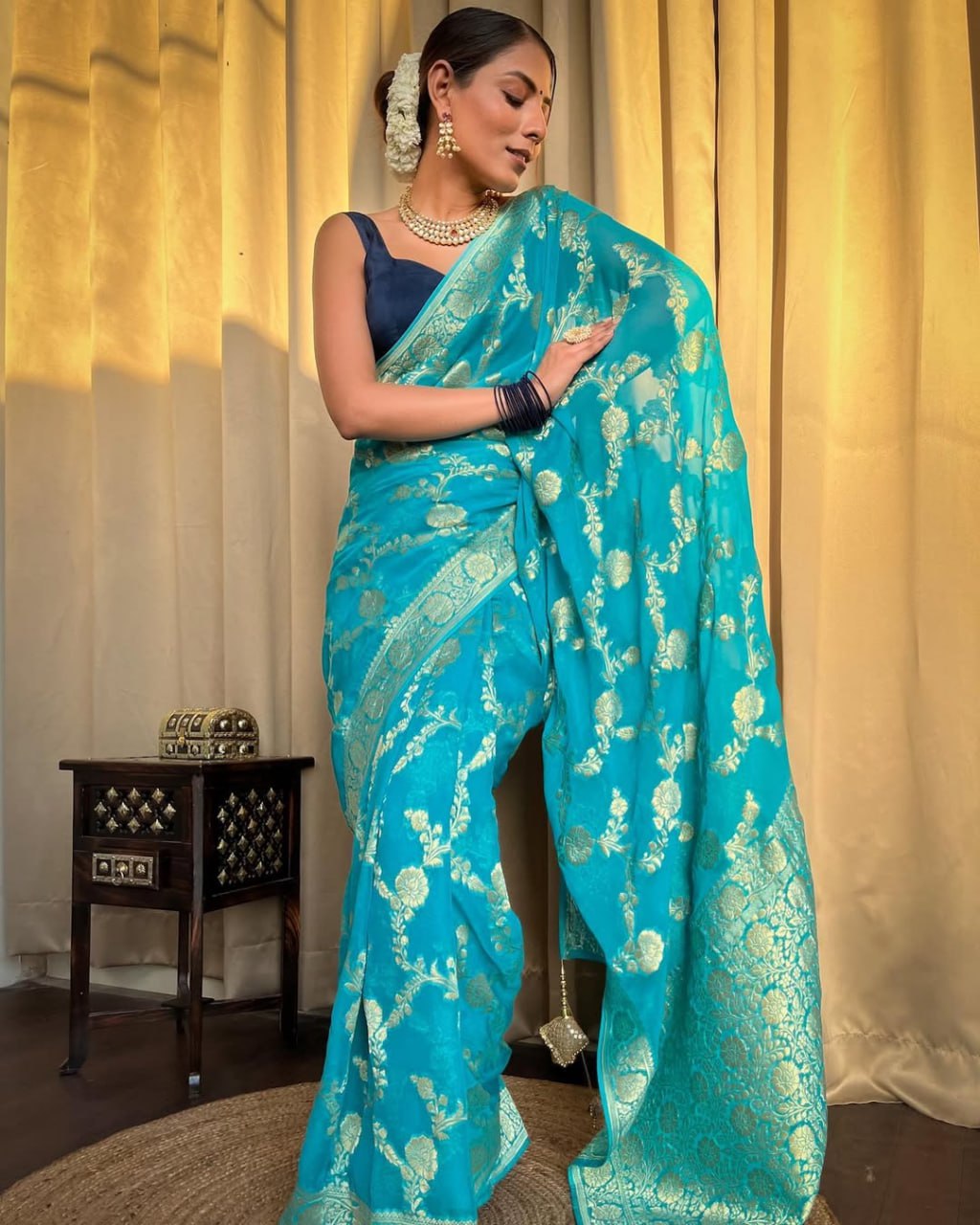 Turquoise Blue Floral Woven Saree with Gold Zari Work