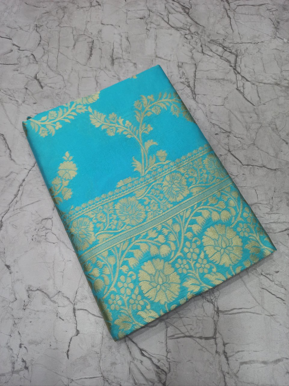 Turquoise Blue Floral Woven Saree with Gold Zari Work