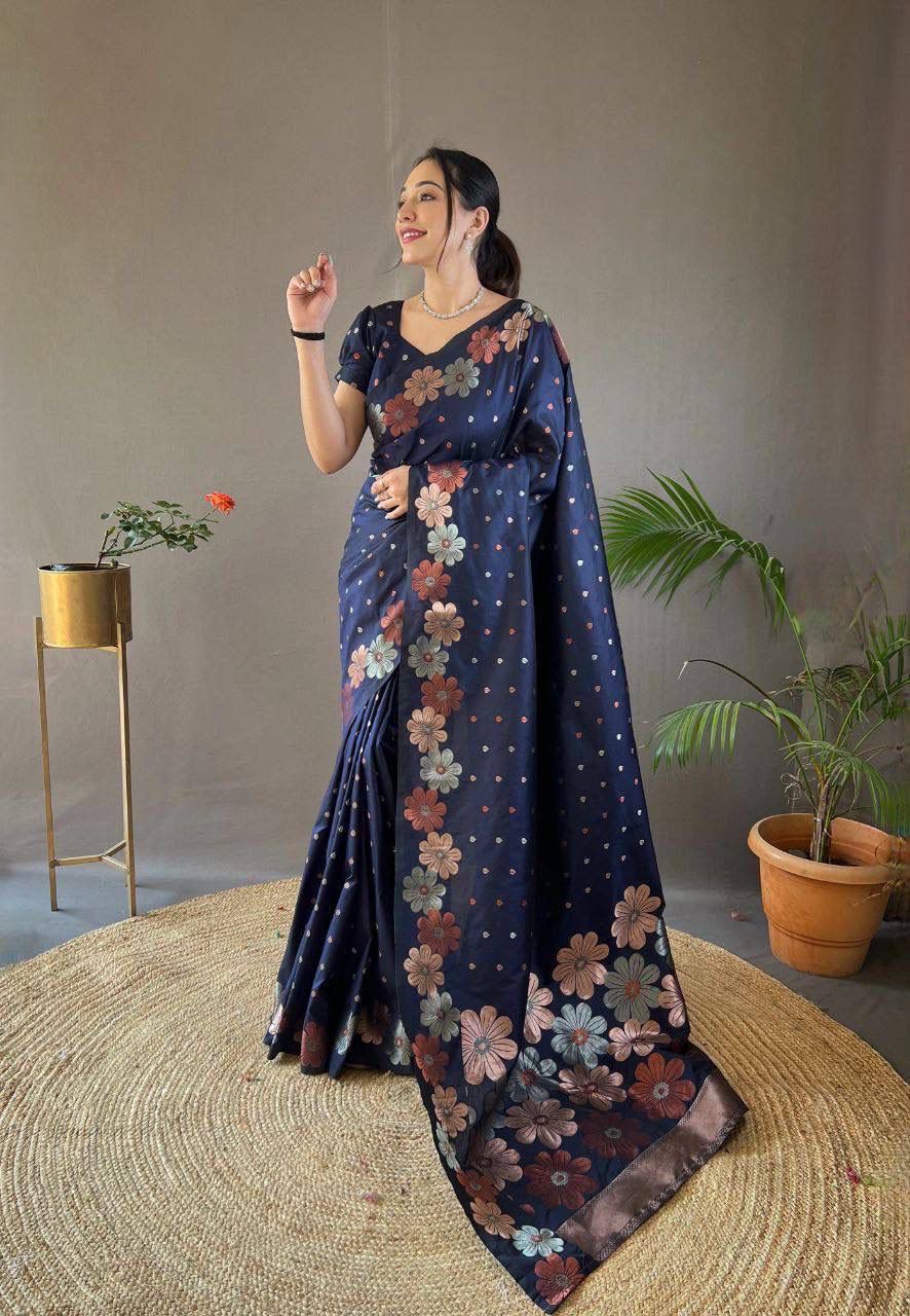 Navy Blue Floral Woven Saree with Multicolor Motifs