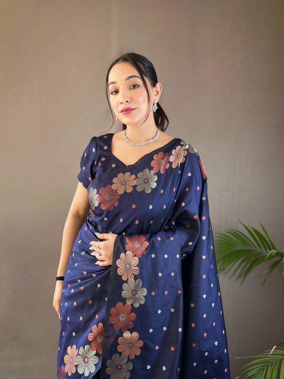 Navy Blue Floral Woven Saree with Multicolor Motifs