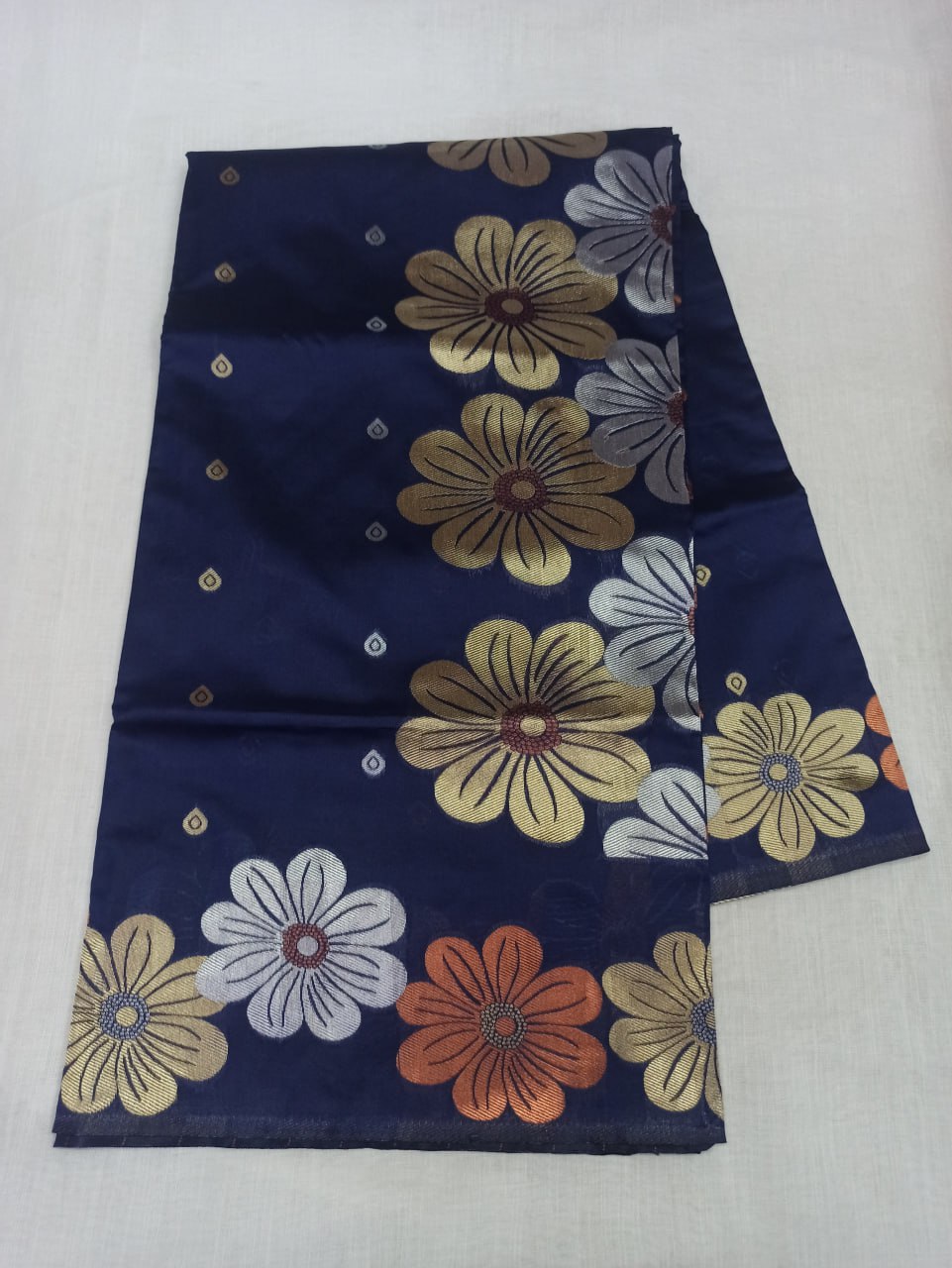 Navy Blue Floral Woven Saree with Multicolor Motifs