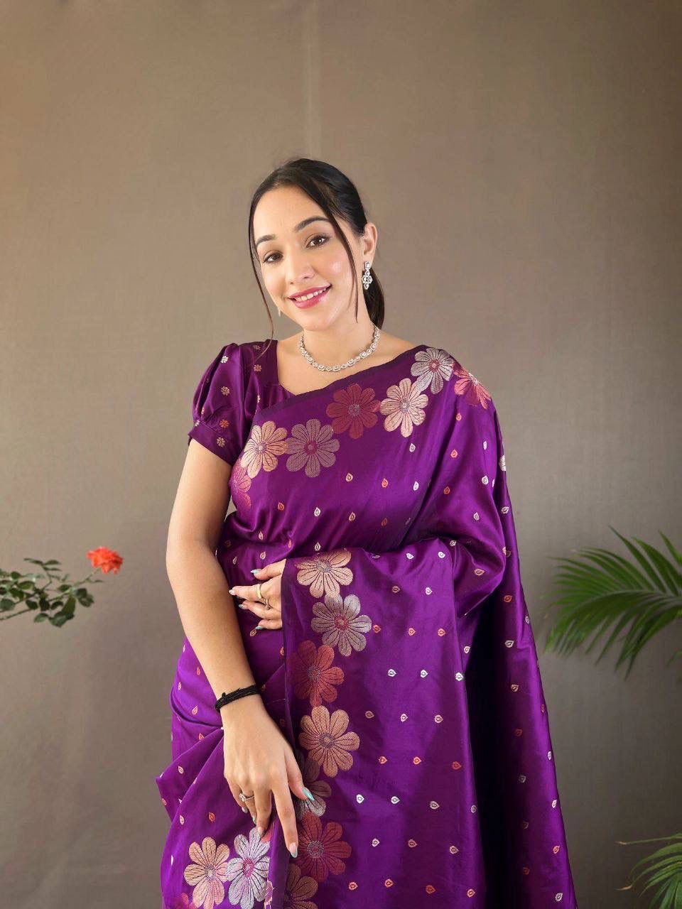 Purple Floral Woven Saree with Multicolor Motifs