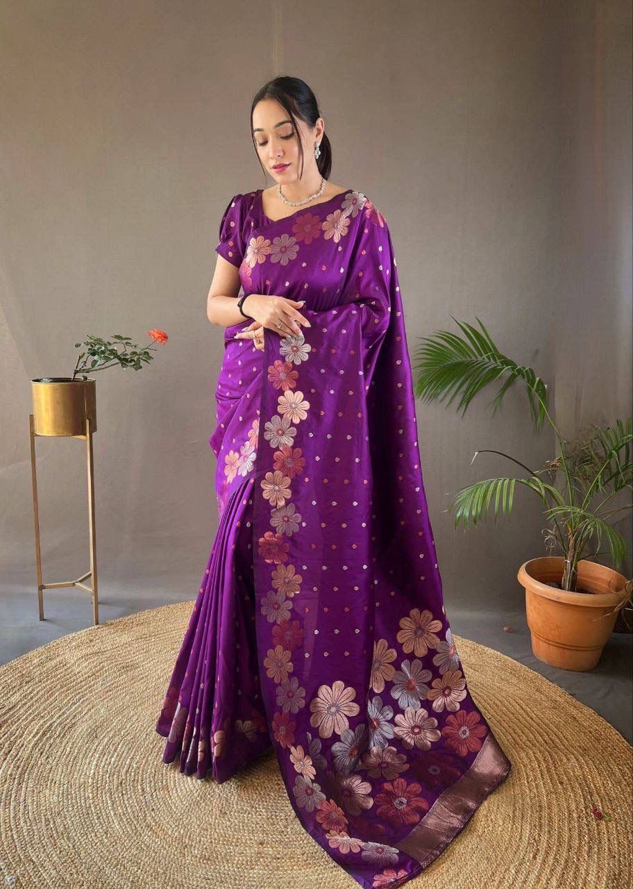 Purple Floral Woven Saree with Multicolor Motifs